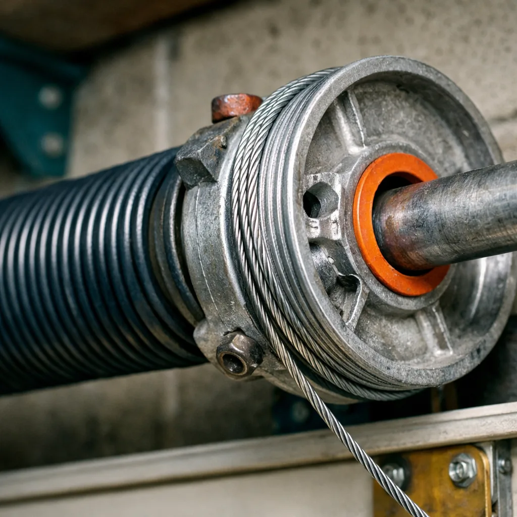 High-cycle torsion springs on a commercial shaft. Close-up of a commercial torsion spring and cable drum on a steel shaft over a wide overhead door