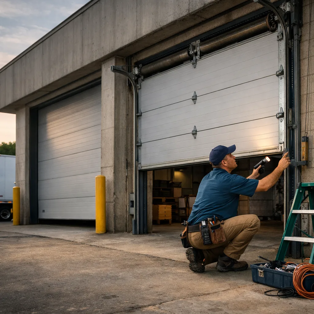 Wide shot of a contractor inspecting a large sectional steel overhead door at a commercial loading bay, with delivery truck access and a concrete apron, no visible company branding