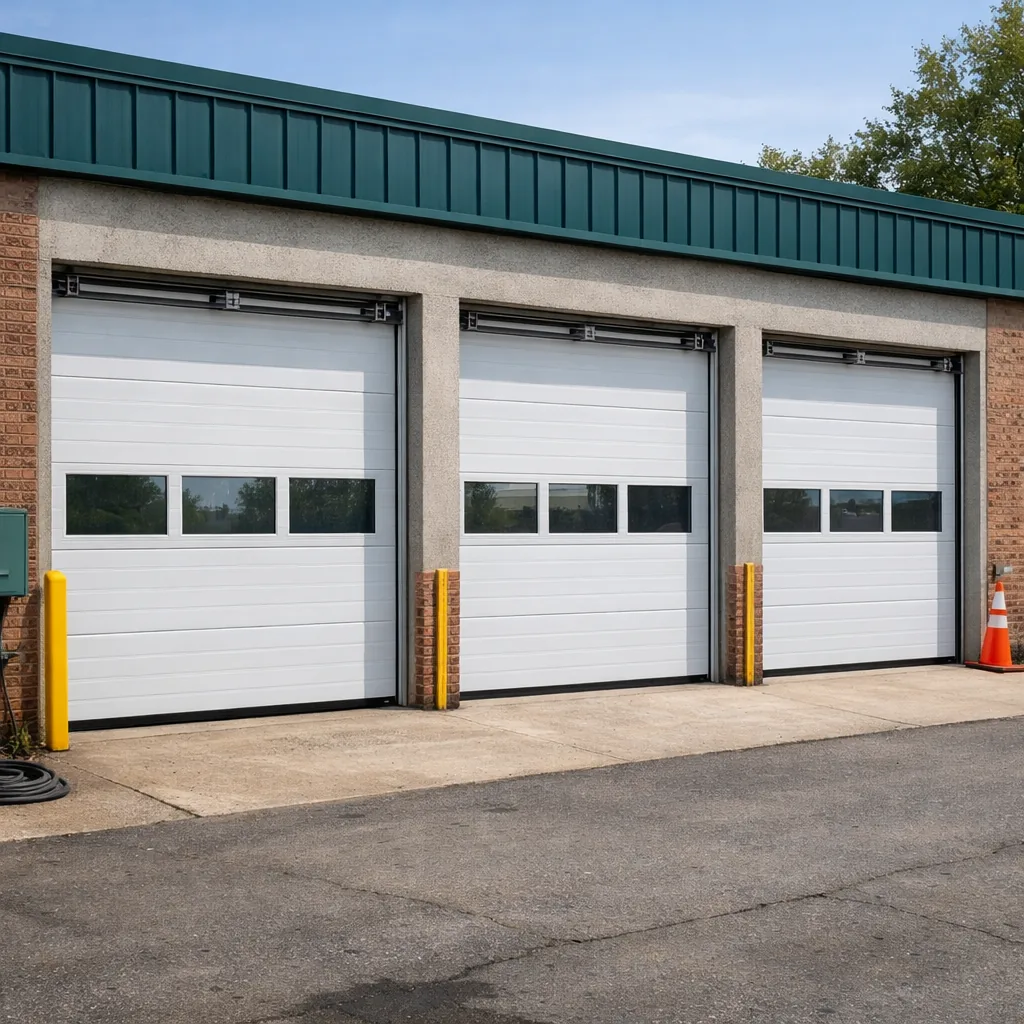 A repaired door running true on its tracks. A row of clean commercial overhead doors fully repaired and closed at a small commercial building, daylight