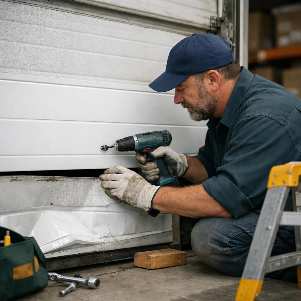 Replacing a panel on a loading bay door. A contractor replacing a damaged panel on a sectional steel overhead door at a warehouse bay