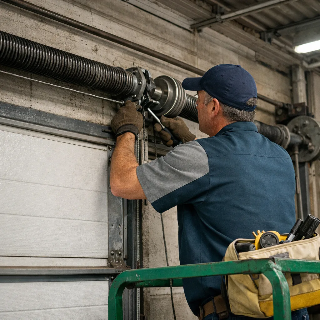 A contractor on a lift or tall ladder examining the torsion spring assembly and cable drums over a wide commercial overhead door