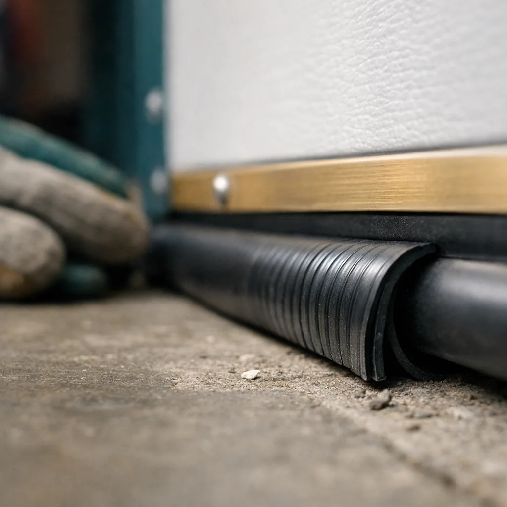 Close-up of the weather seal along the bottom of a newly installed garage door meeting the concrete floor