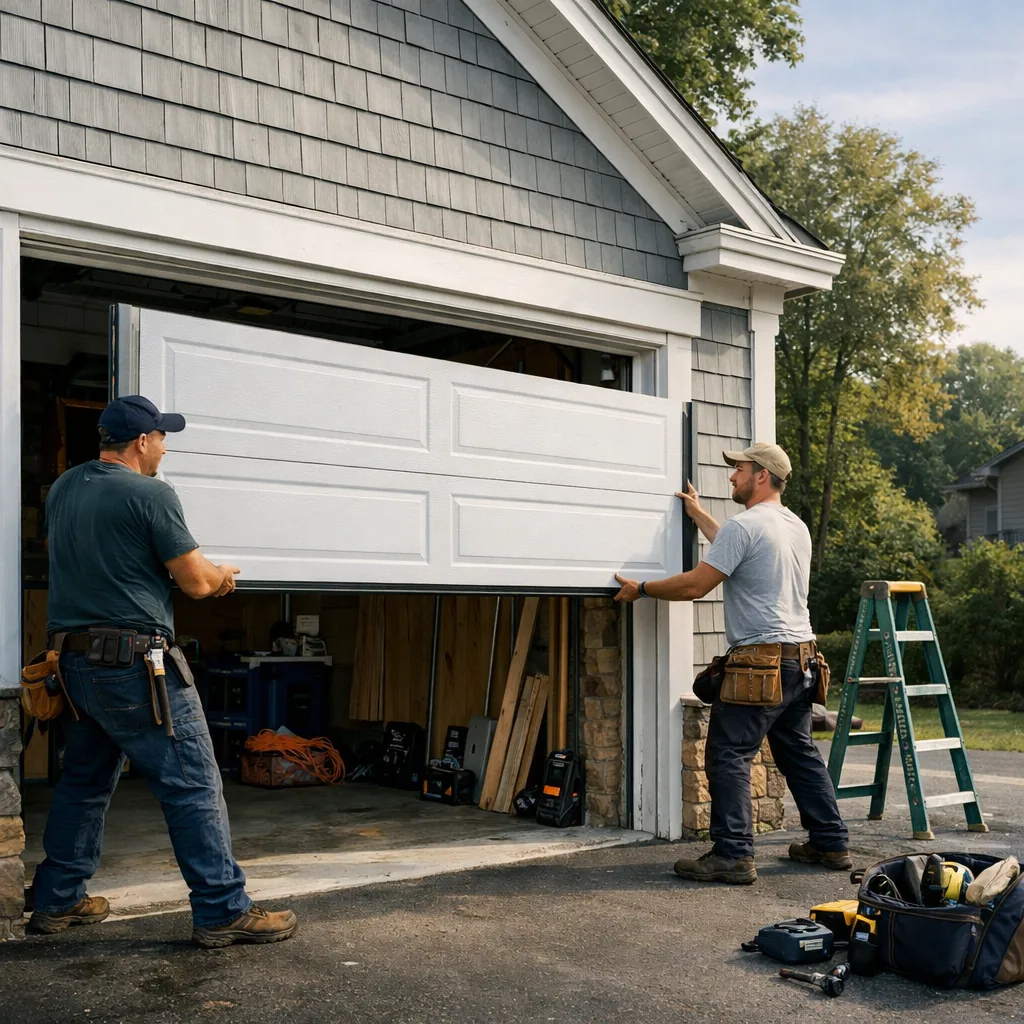 Two contractors lifting a new insulated steel sectional garage door panel into place in the opening of a residential Connecticut home