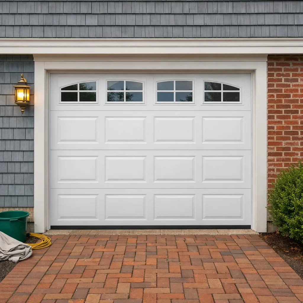 A newly installed white insulated garage door on a Connecticut colonial house with a brick walkway in front