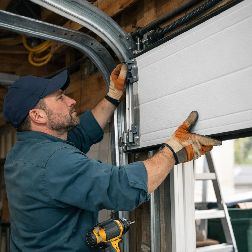 A contractor setting a new door section into the track during a residential installation