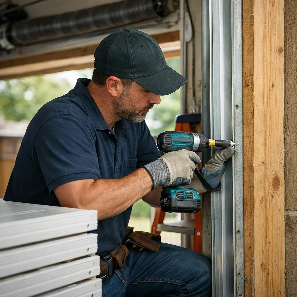A contractor fastening vertical track to the framing of a garage door opening while new panels are stacked nearby