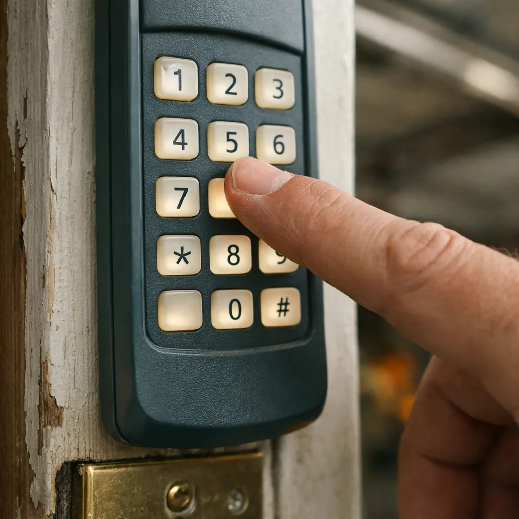 A keypad with a fresh battery and lit buttons. Close-up of a wireless garage door keypad with illuminated numbered buttons mounted on a door frame
