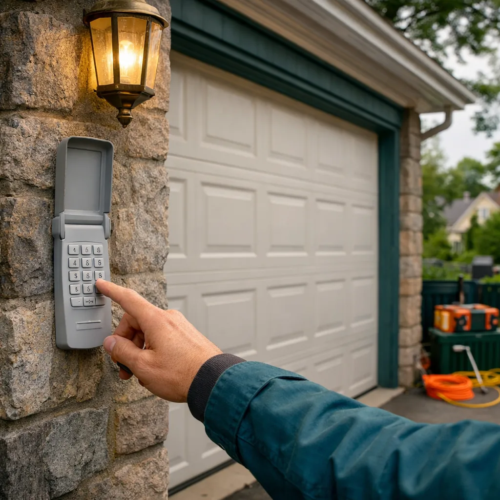 Wide view of a wireless keypad mounted beside a residential garage door, with a homeowner's hand about to press the buttons, garage door closed behind it