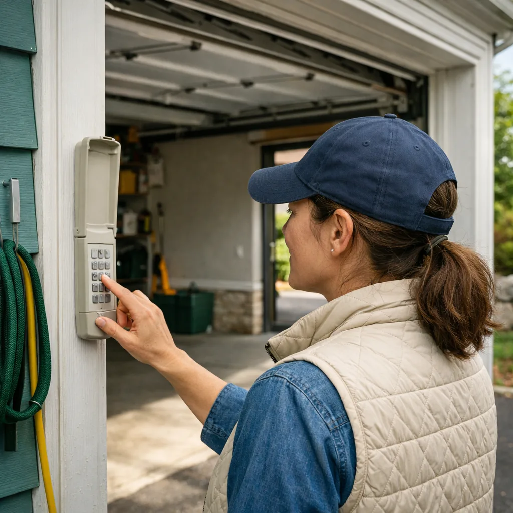 A keypad opening the door again. A homeowner entering a code on a keypad while the garage door rises behind them in a suburban driveway