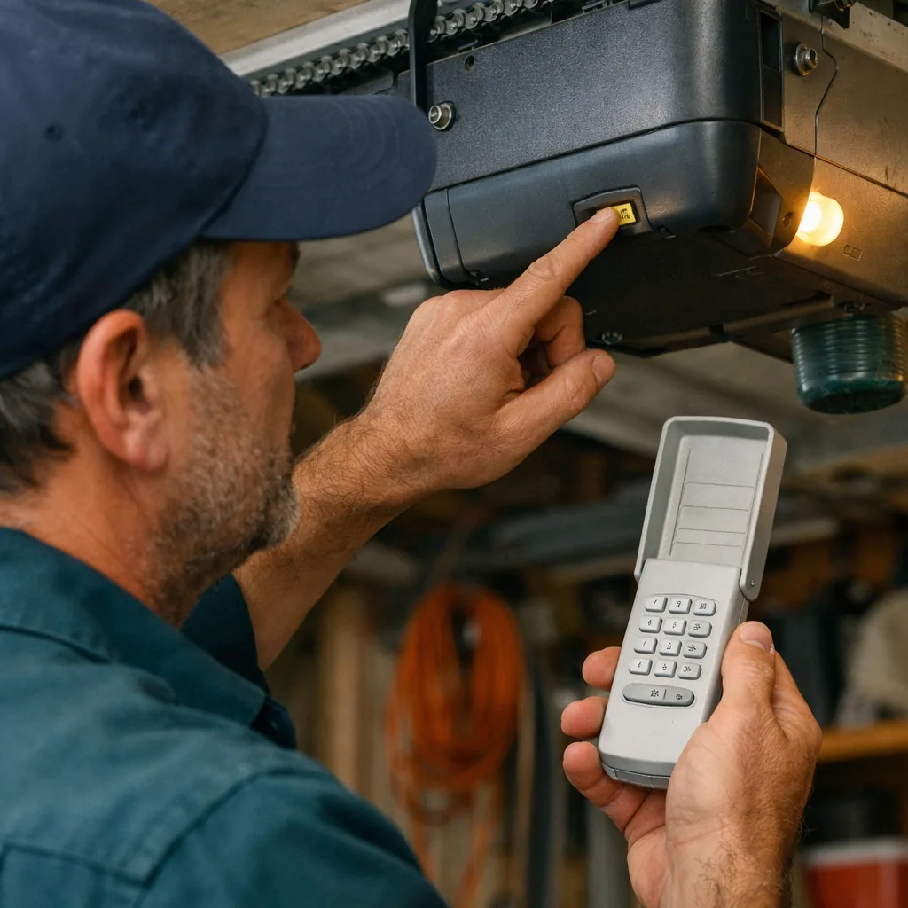 Pairing the keypad to the opener. A contractor pressing the learn button on a garage door opener's motor housing while holding a keypad