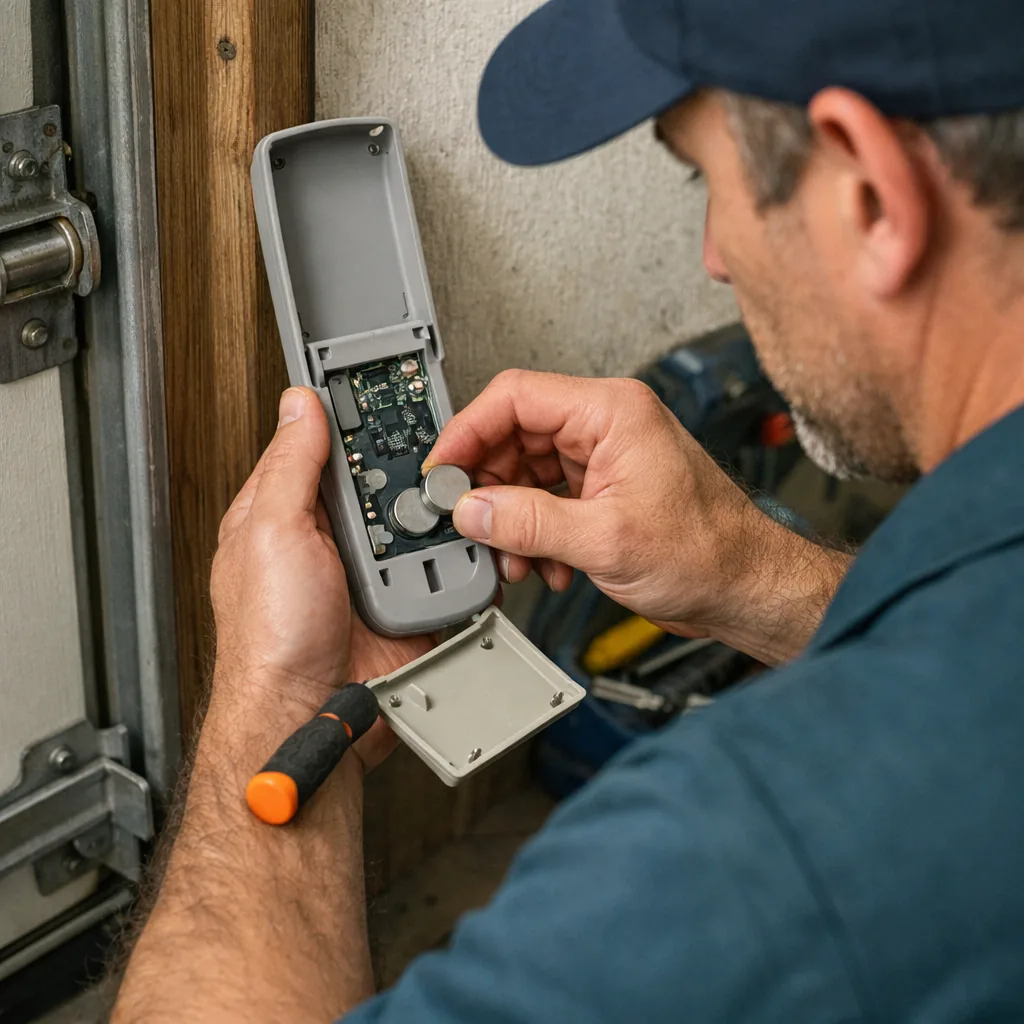 A contractor holding a wireless garage door keypad with its back cover off, replacing a coin cell battery, next to the garage door