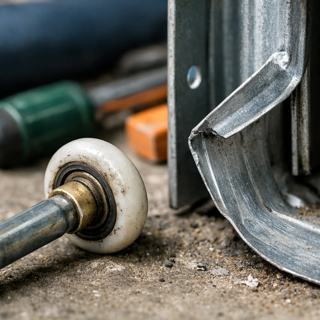 A roller out of the track and a bent length of track. Close-up of a garage door roller sitting outside its vertical track next to a bent length of track