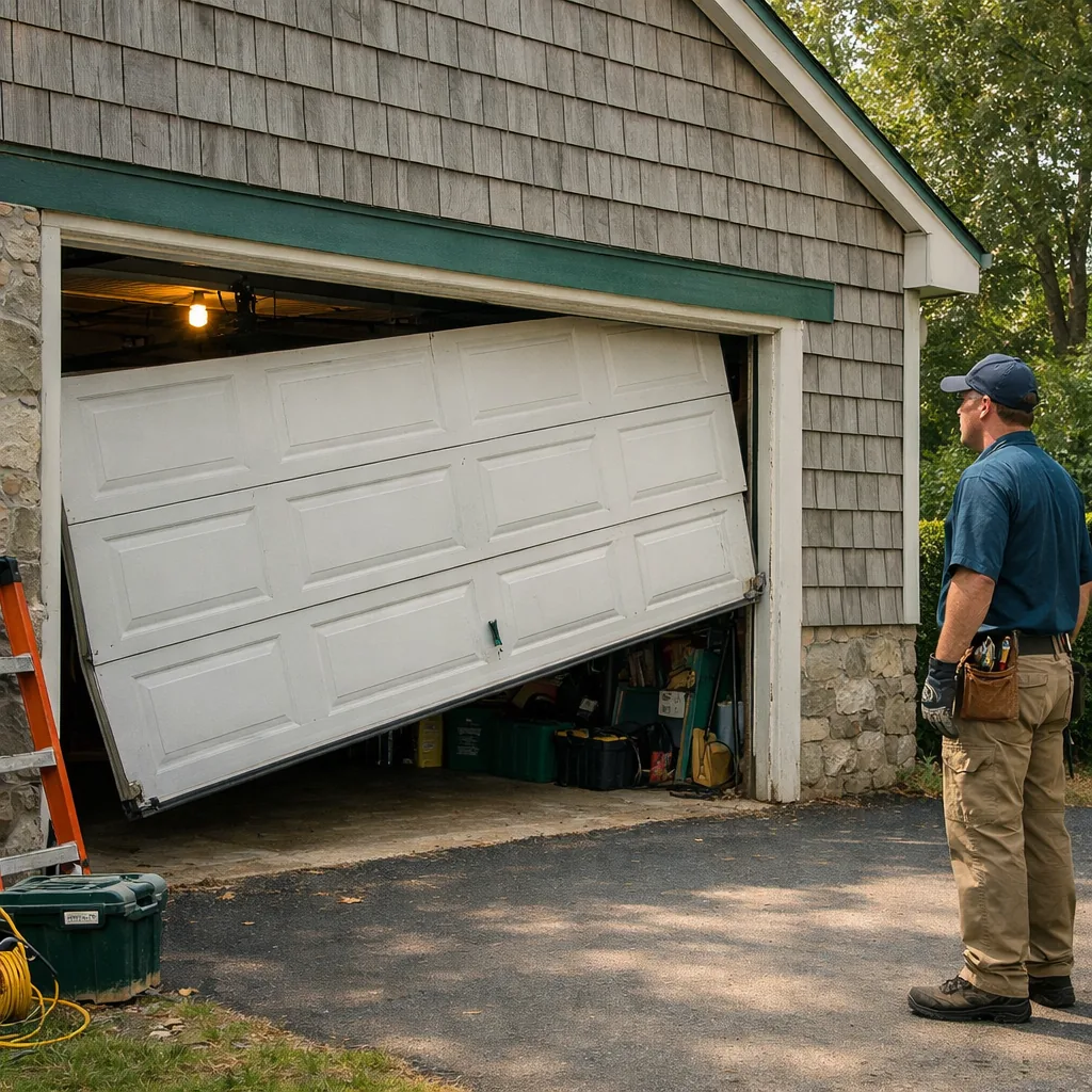 Wide shot of a residential garage door visibly crooked in its tracks, one side higher than the other, with a contractor assessing the jammed corner from a safe distance