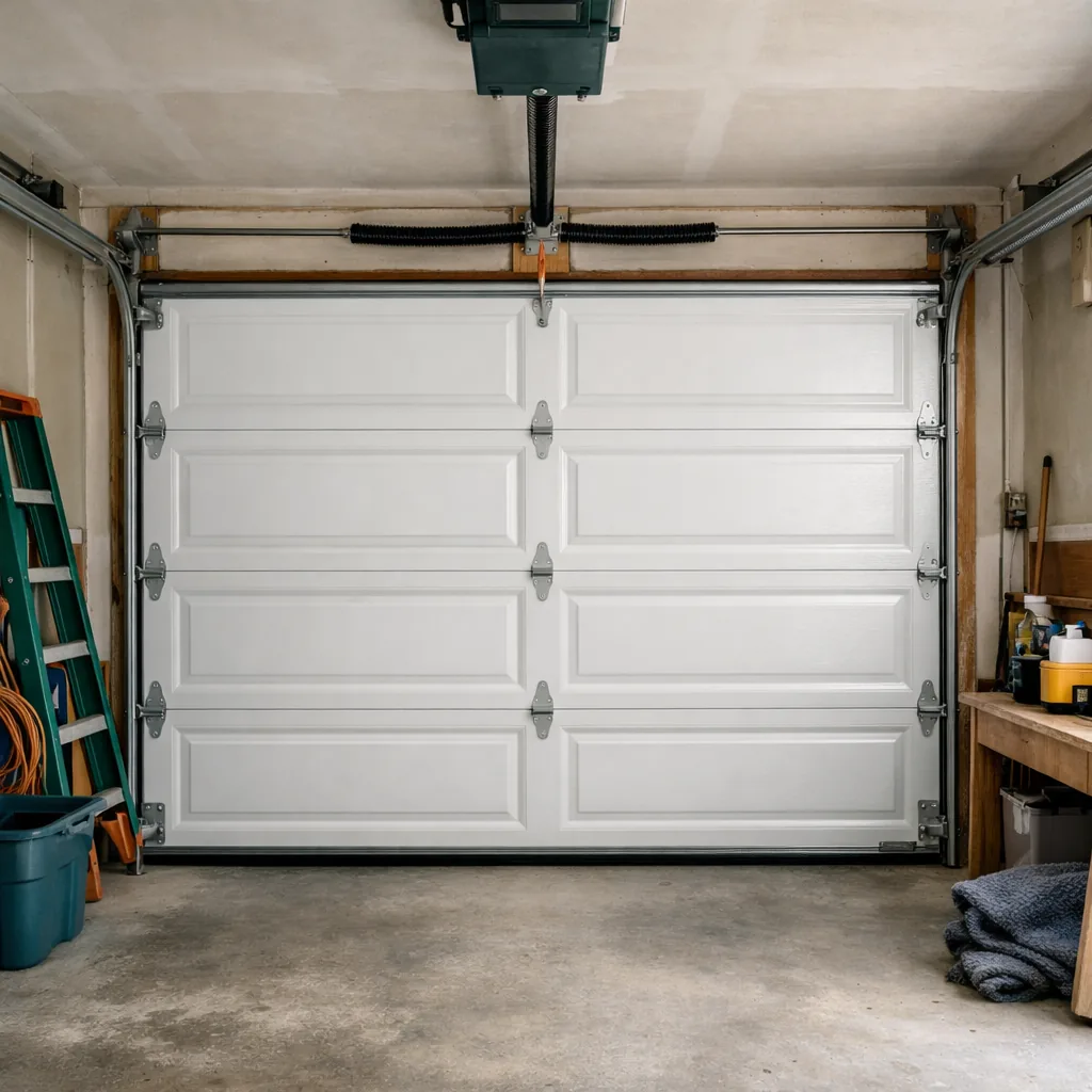 A door level in straight tracks after repair. A garage door sitting level in straight tracks after repair, both sides even, in a residential garage