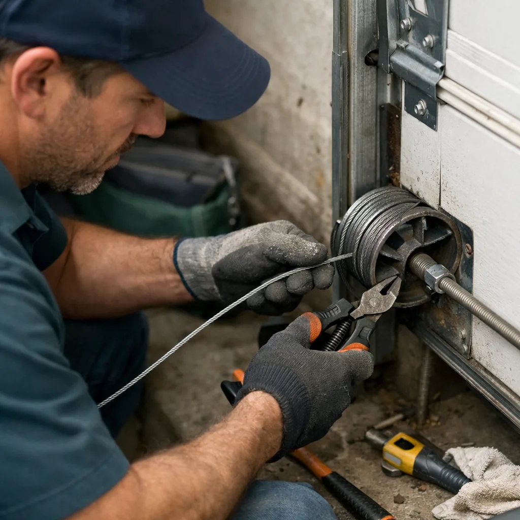 Fitting a new lift cable. A contractor feeding a new lift cable through the cable drum at the bottom corner of a garage door