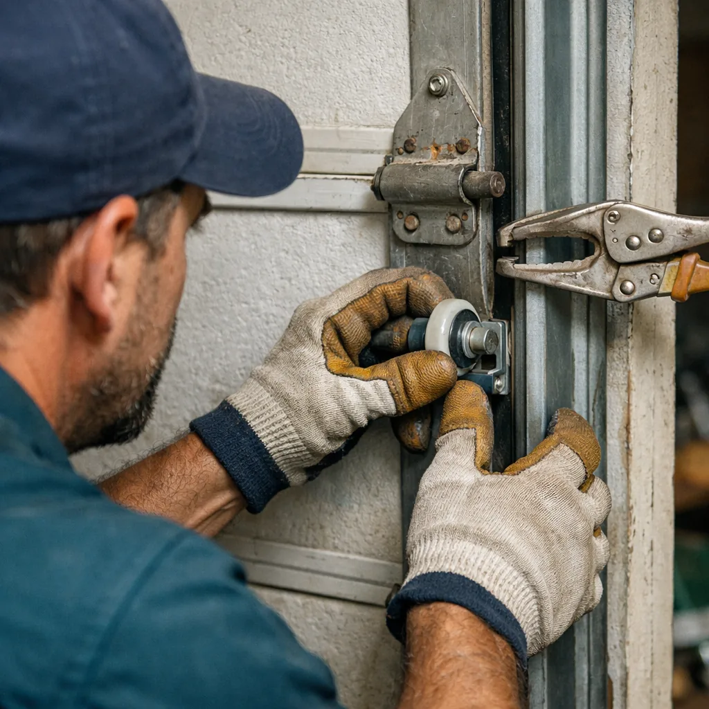 A contractor carefully guiding a garage door roller back into a straightened vertical track, with a vise-grip clamp holding the door in place