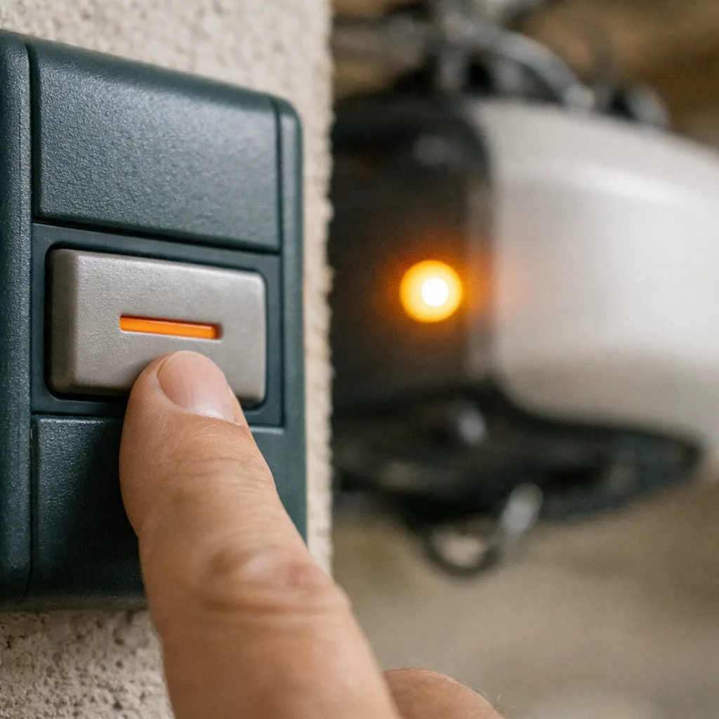 Close-up of a wall control button and the opener's status light on a newly installed garage door opener