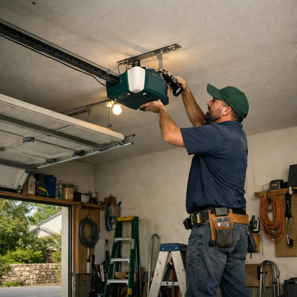 A contractor mounting a new garage door opener motor unit to the ceiling of a residential garage, rail already attached