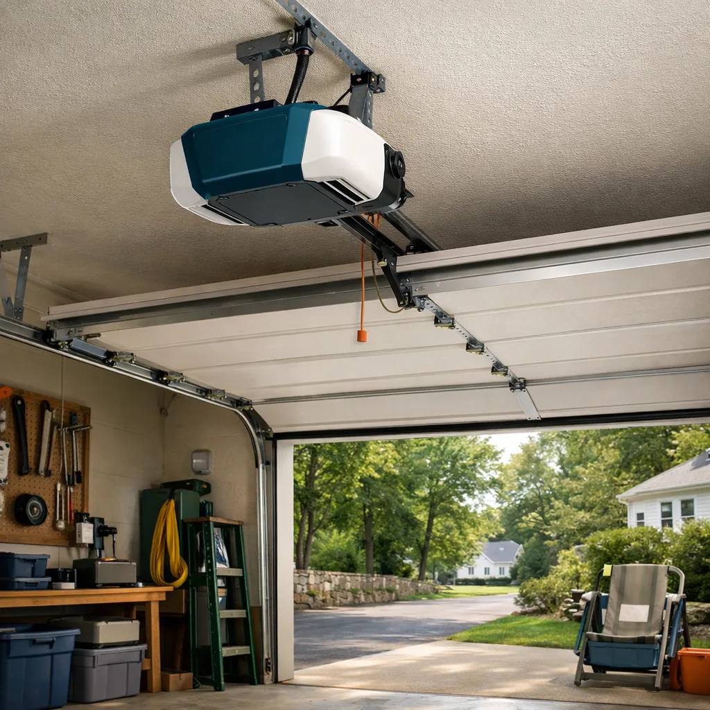 A newly installed opener mounted on the ceiling of a tidy two car garage with the door fully open