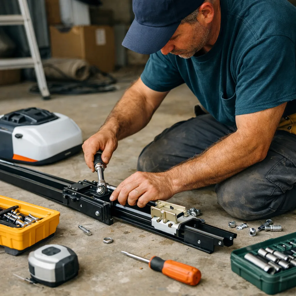 A contractor assembling the rail and trolley of a new garage door opener on the floor before mounting it