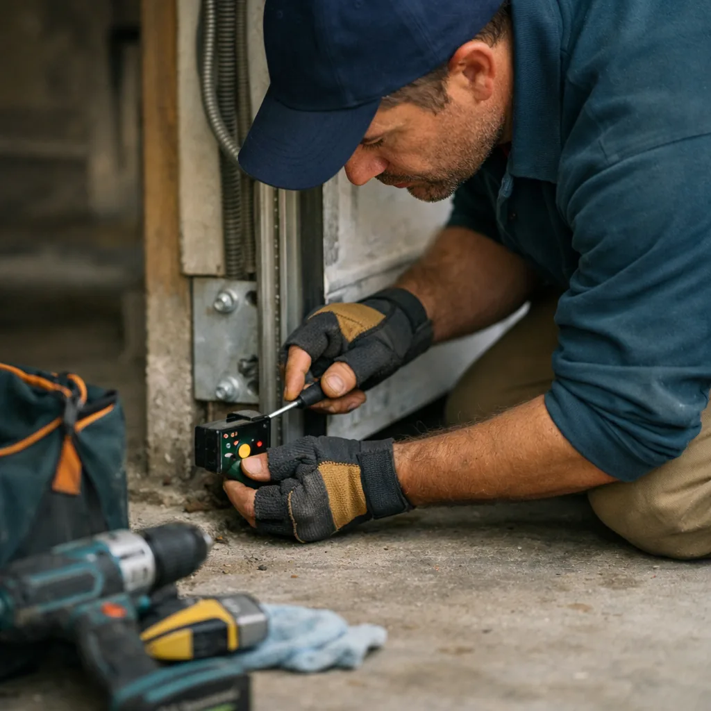 A contractor aligning a pair of photo eye safety sensors on either side of the garage door near the floor