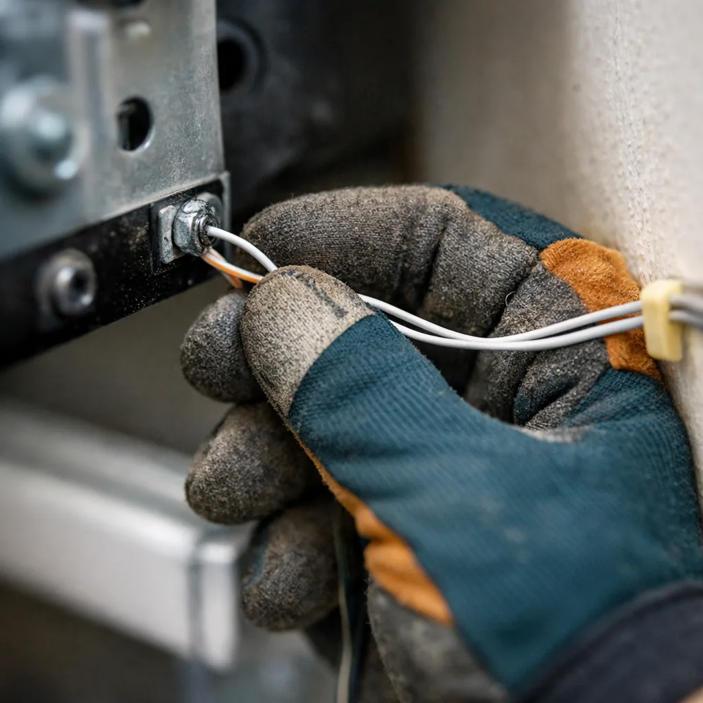 Close-up of a contractor's gloved hand checking the thin low-voltage wires running from a garage door opener to the wall
