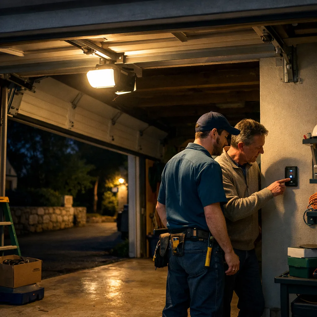 Residential garage door standing partly open at night with the opener light on while a homeowner and a contractor look at the wall control panel