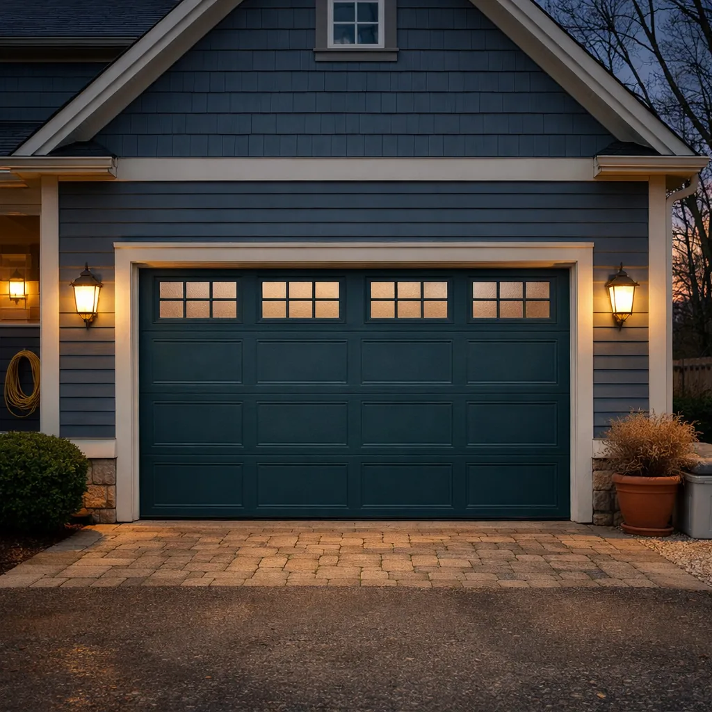 Suburban Connecticut home at dusk with its garage door closed and the opener light switched off