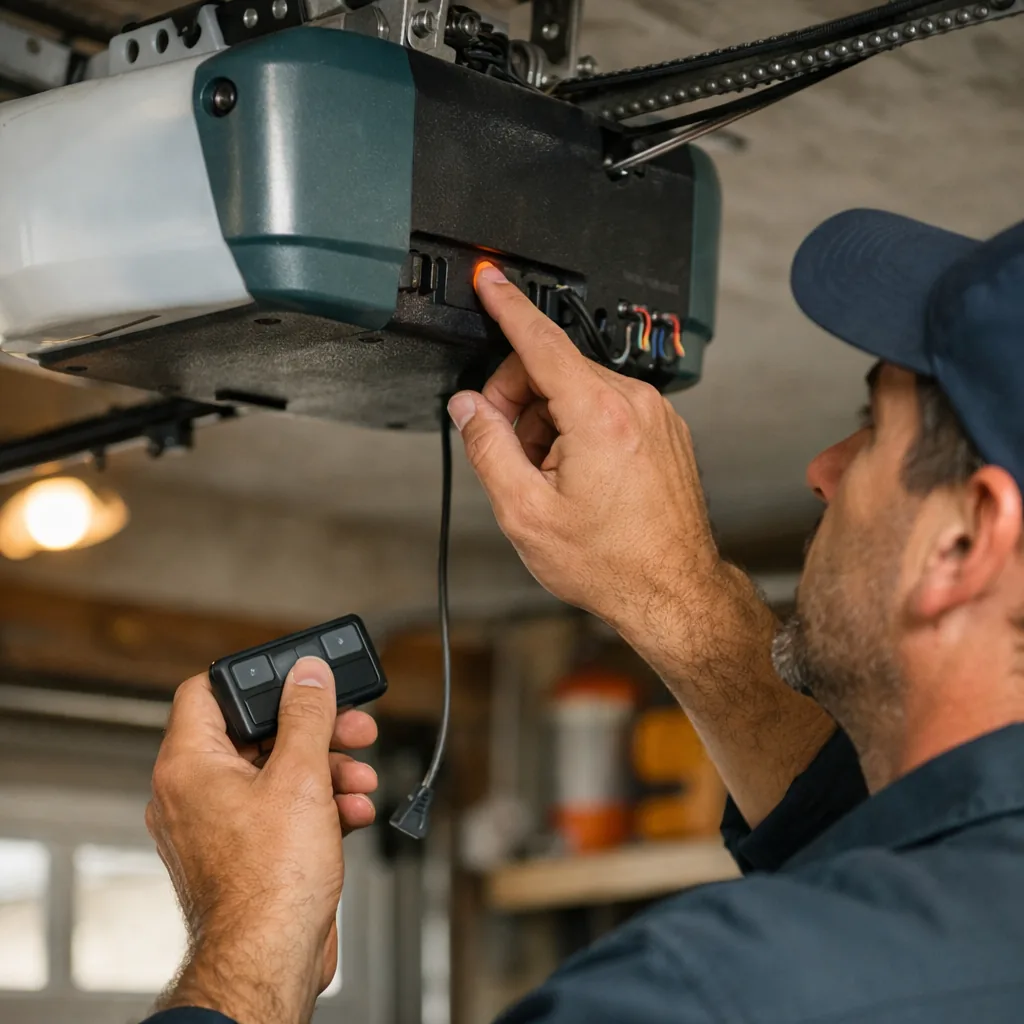 Contractor holding a garage door opener's learn button while reprogramming a remote, with the opener head unit overhead