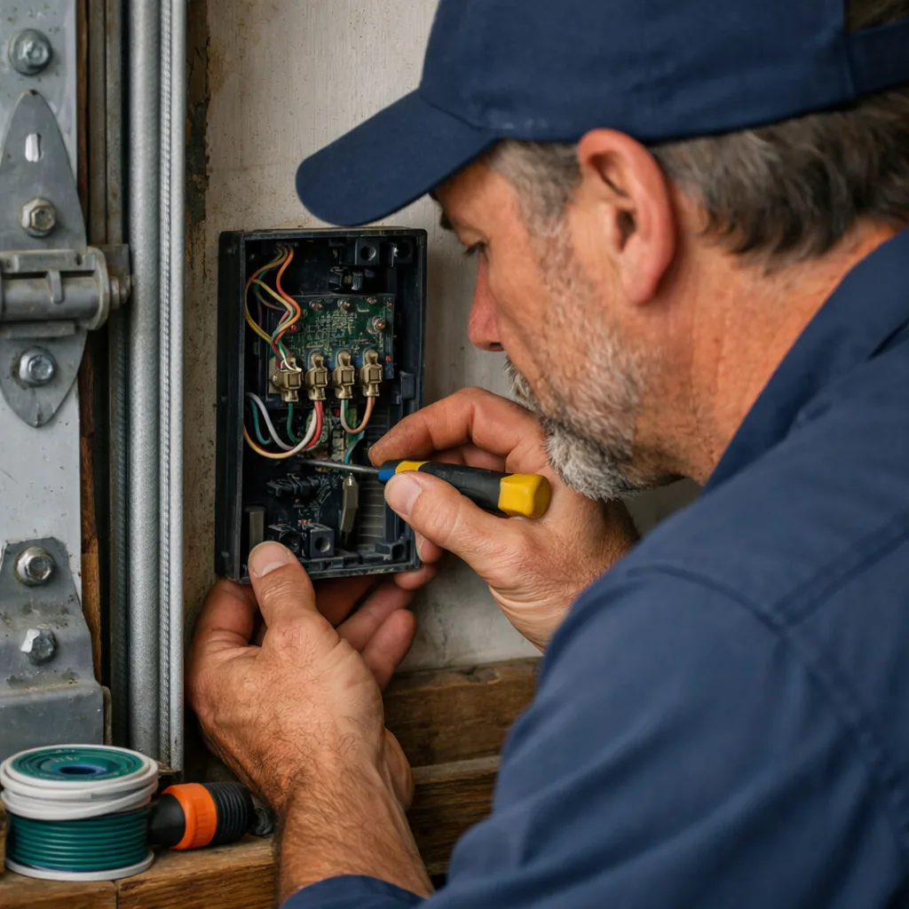 Contractor testing a wall-mounted garage door control panel with the cover removed and inspecting the wiring terminals for corrosion