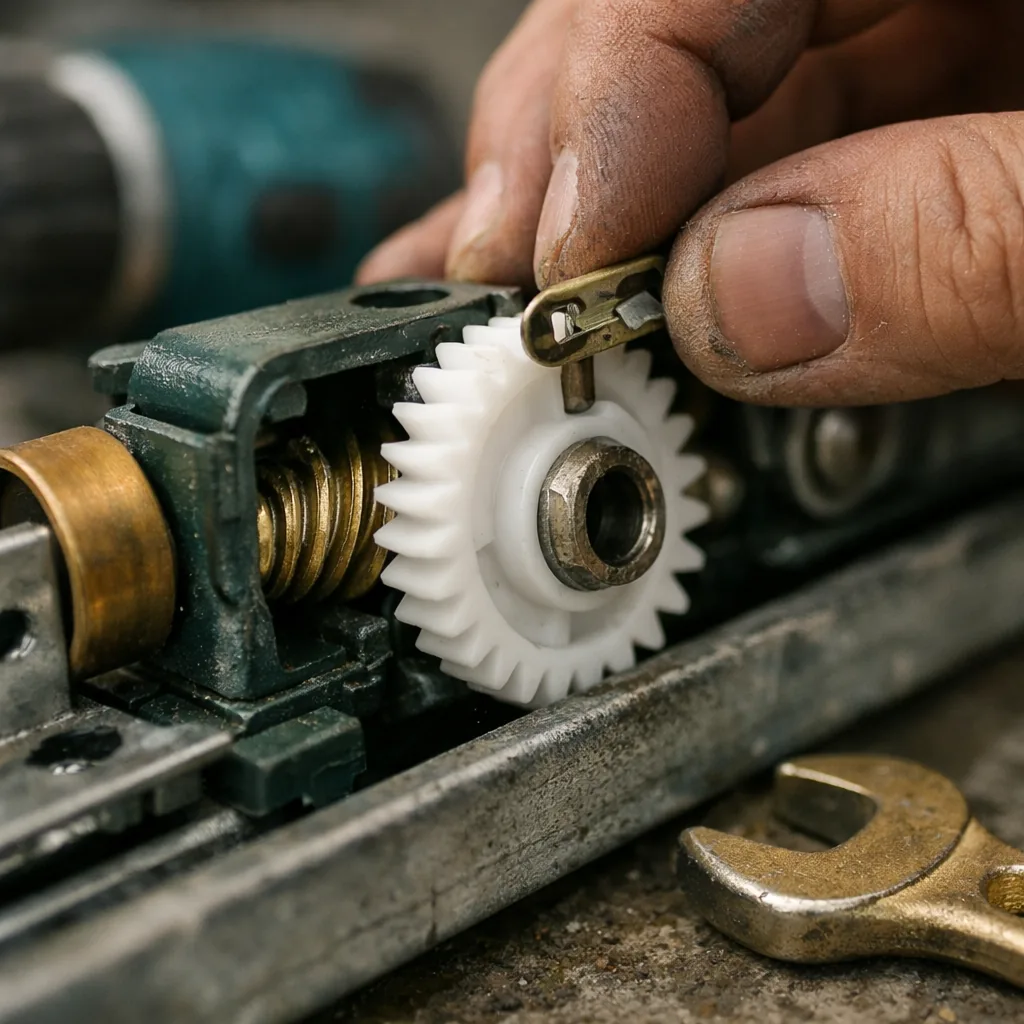 Close-up of a garage door opener drive gear and trolley being replaced on the rail