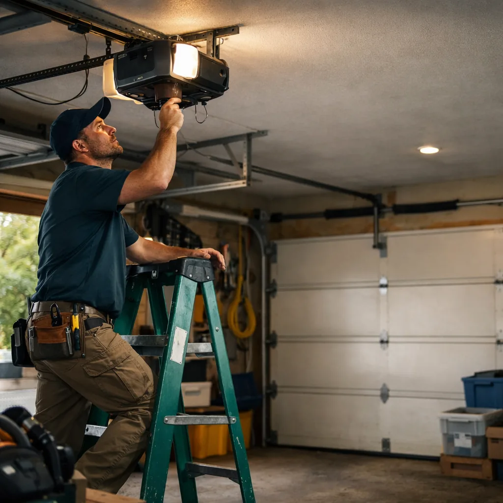Contractor on a stepladder inspecting a ceiling-mounted garage door opener motor unit in a residential two car garage