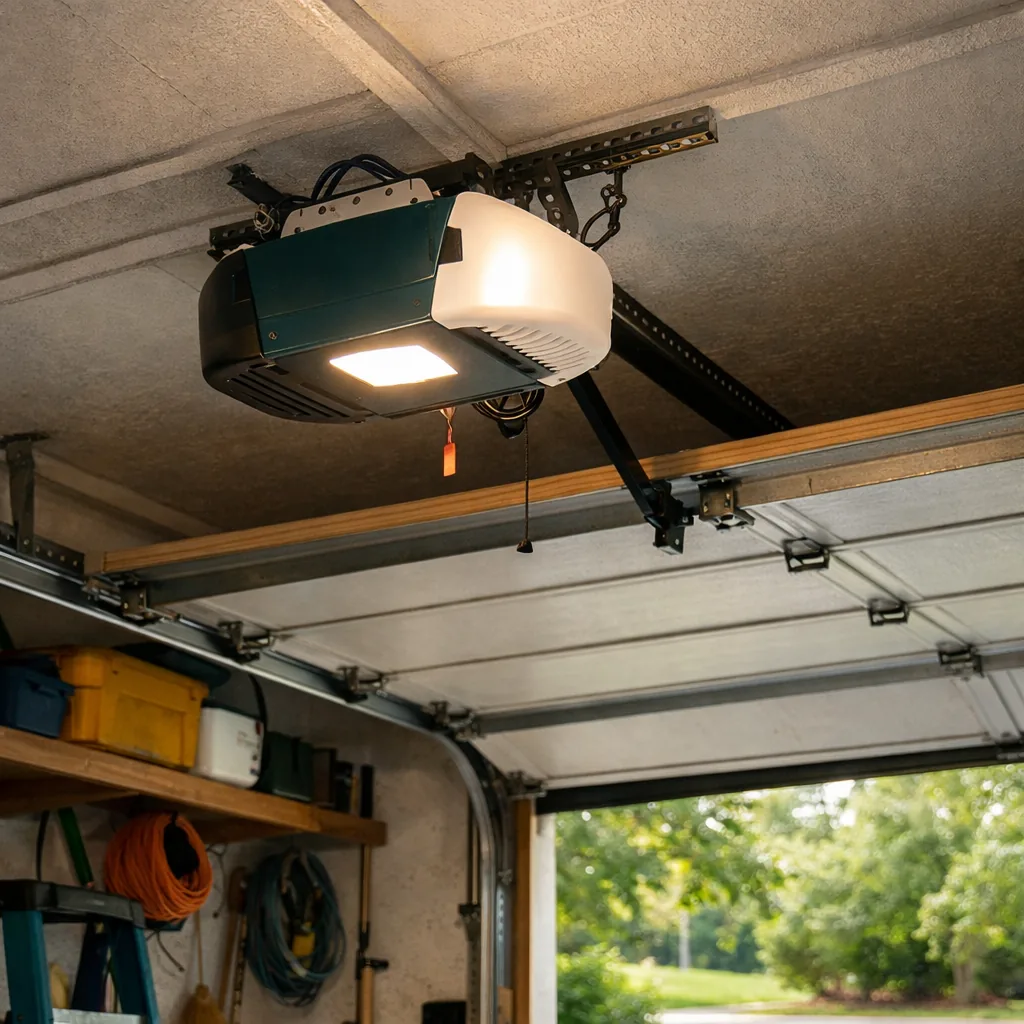 Repaired garage door opener mounted on the ceiling with the door fully open and the work light on in a tidy garage