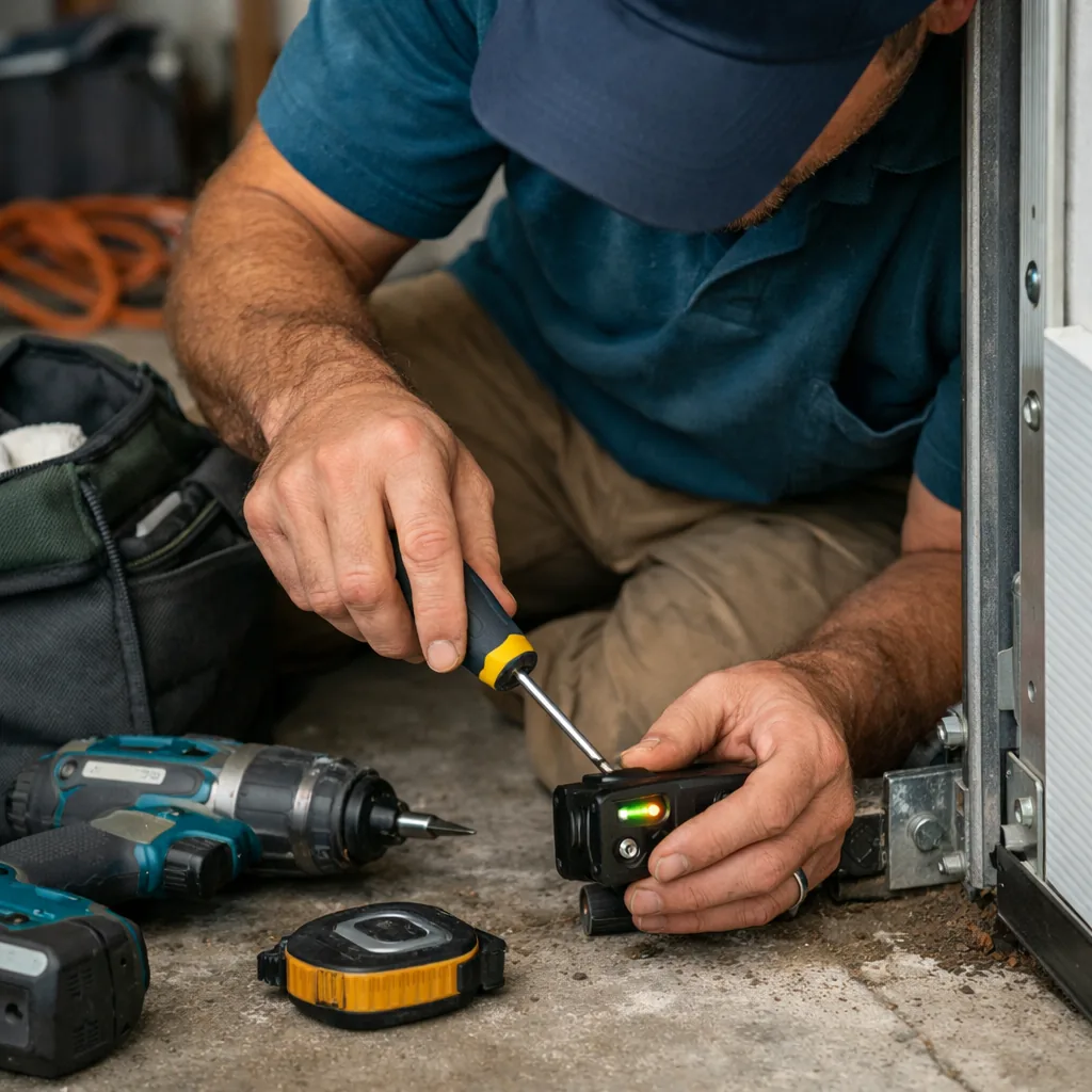 Contractor aligning a photo eye safety sensor near the floor beside a residential garage door track