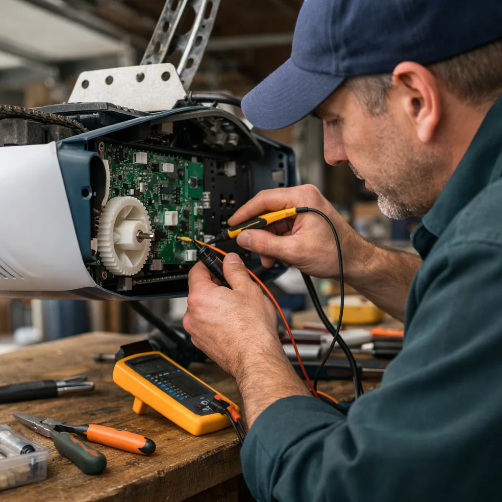 Contractor opening the housing of a garage door opener to test the logic board and drive gear, tools laid out on a workbench in a residential garage