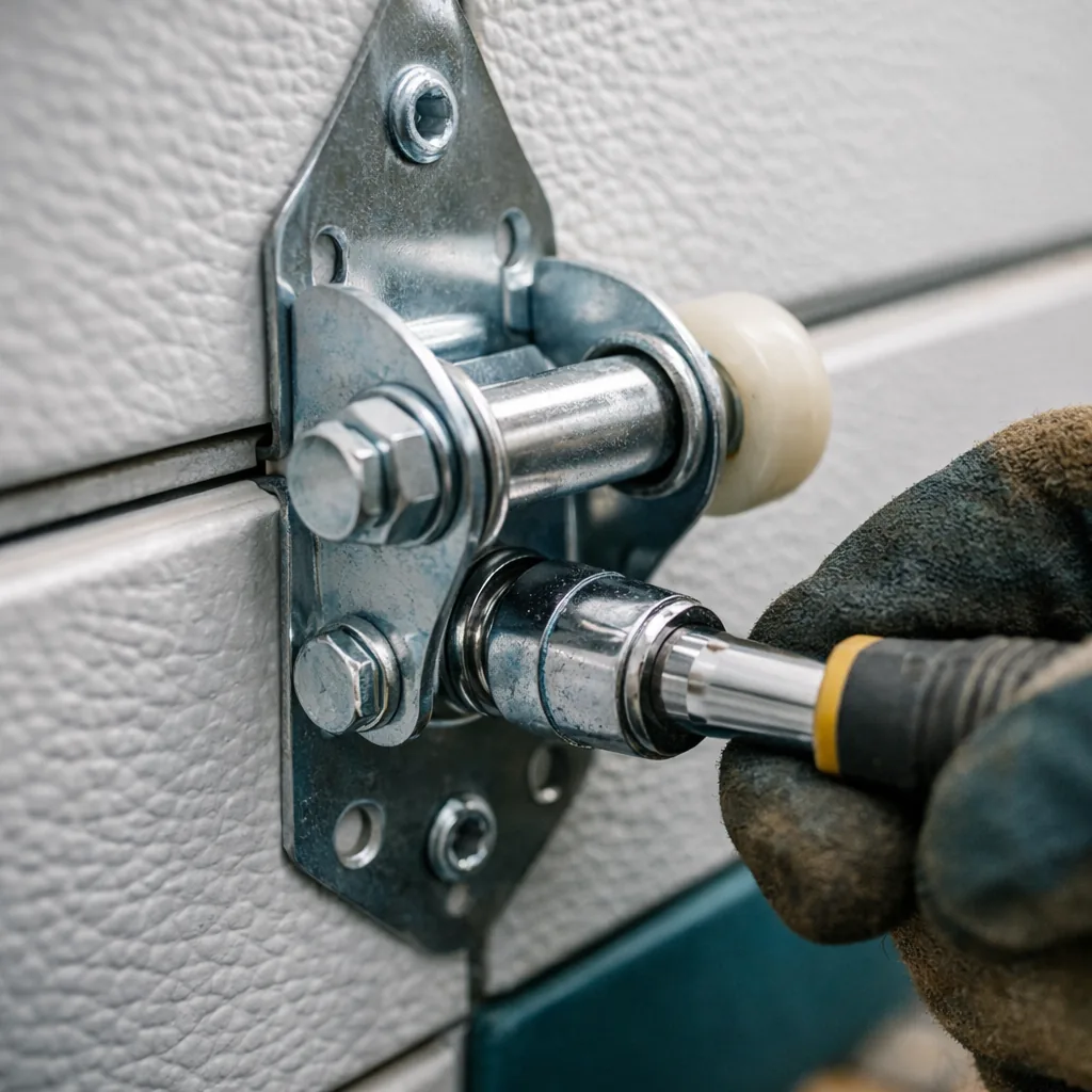 Close-up of a new panel's hinge and roller bracket being fastened to the adjacent panel, showing clean bolts and straight alignment