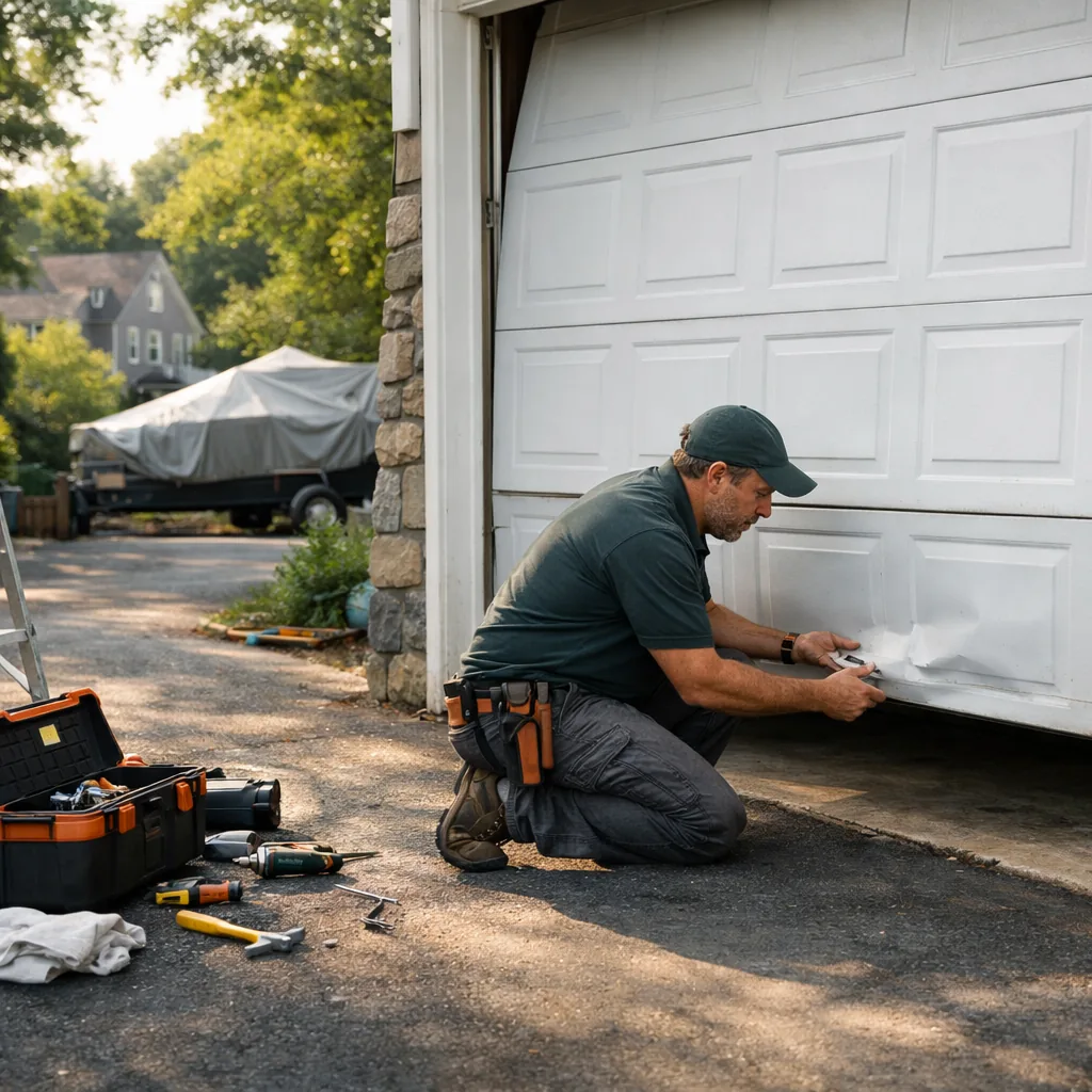 Wide shot of a contractor kneeling beside a residential sectional garage door in a Connecticut driveway, examining a dented lower panel with the door partly raised