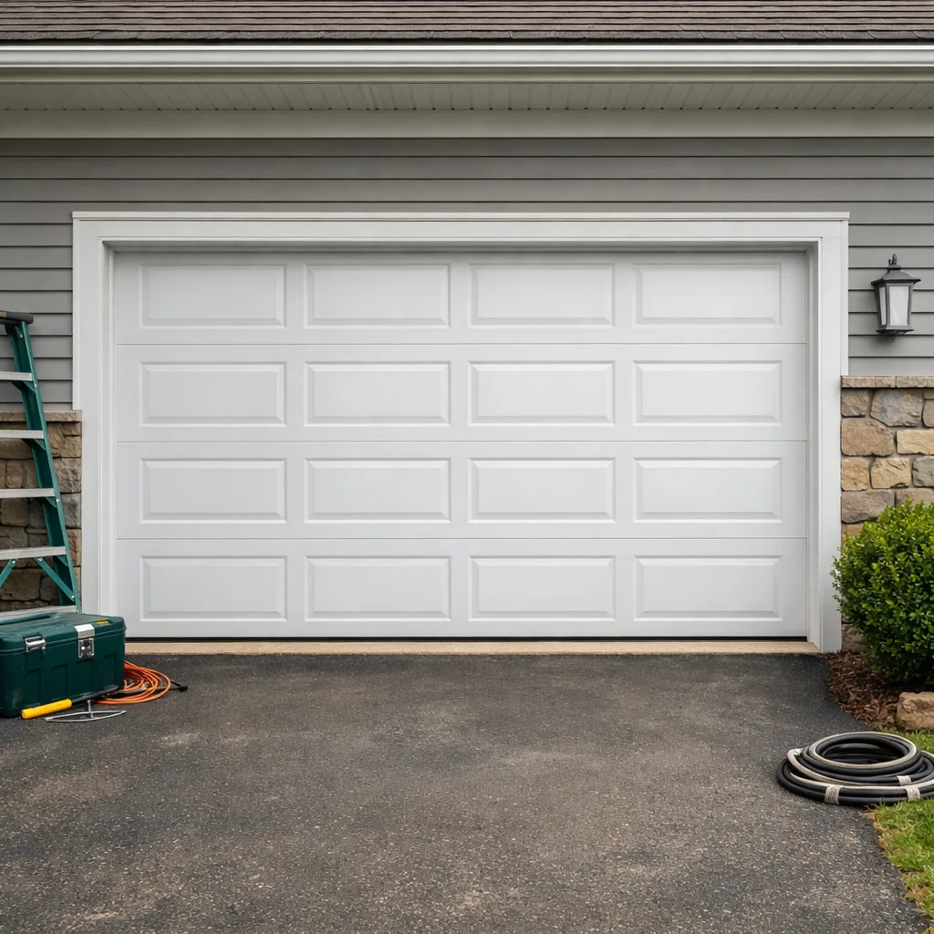A suburban Connecticut home with a closed white sectional garage door whose panels line up evenly with no visible dents or gaps