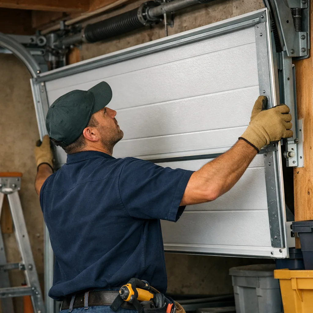 A contractor lifting a replacement steel garage door panel into position on a door track in a residential garage