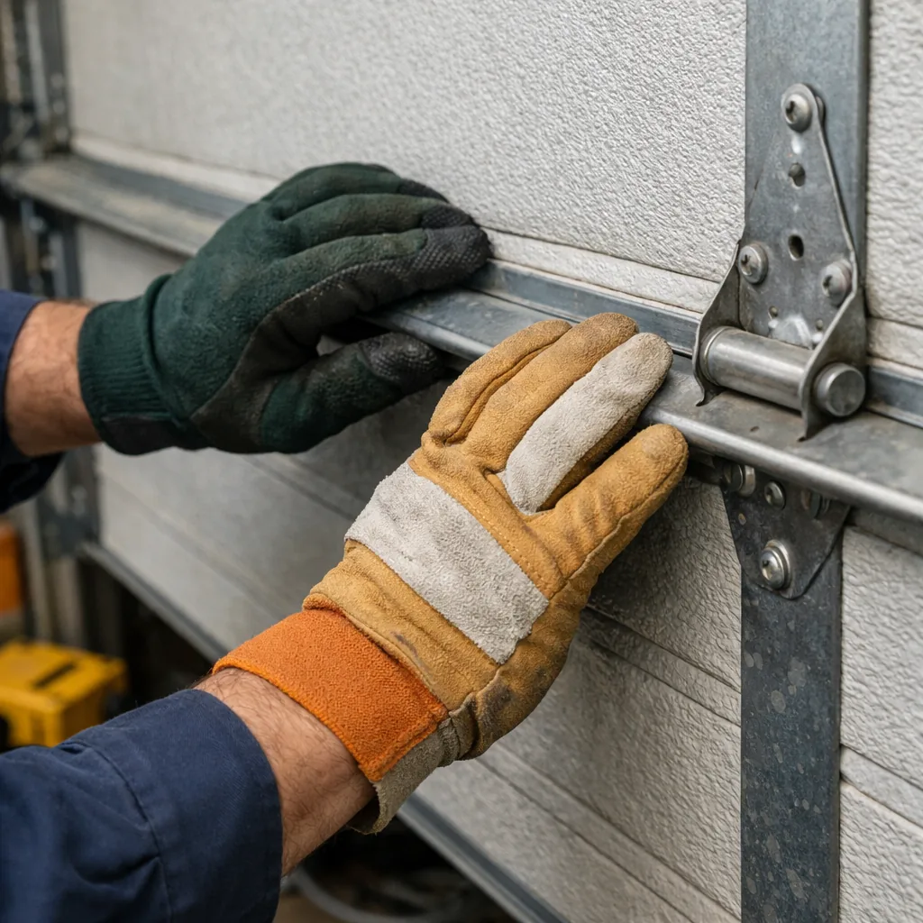 Close view of a contractor's gloved hands checking a creased steel garage door panel along its horizontal stiffening rib, with a hinge and roller visible