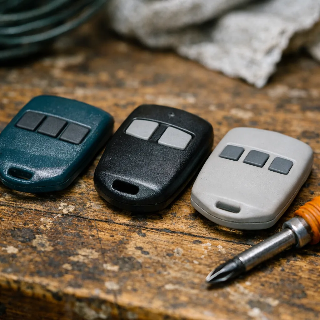 Close-up of three different plain garage door remotes laid on a worn wooden workbench beside a screwdriver