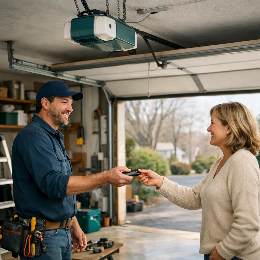 Contractor in a garage handing a new garage door remote to a homeowner with the opener head unit visible on the ceiling
