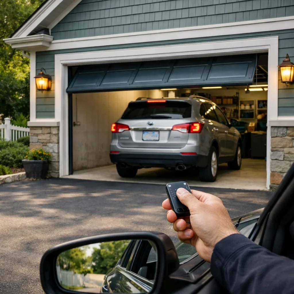 Connecticut driveway with a car pulling in as the garage door rises and the driver holding a small remote