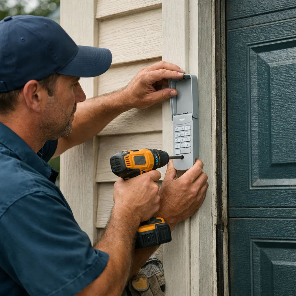 Contractor mounting a wireless keypad on the exterior wall beside a garage door
