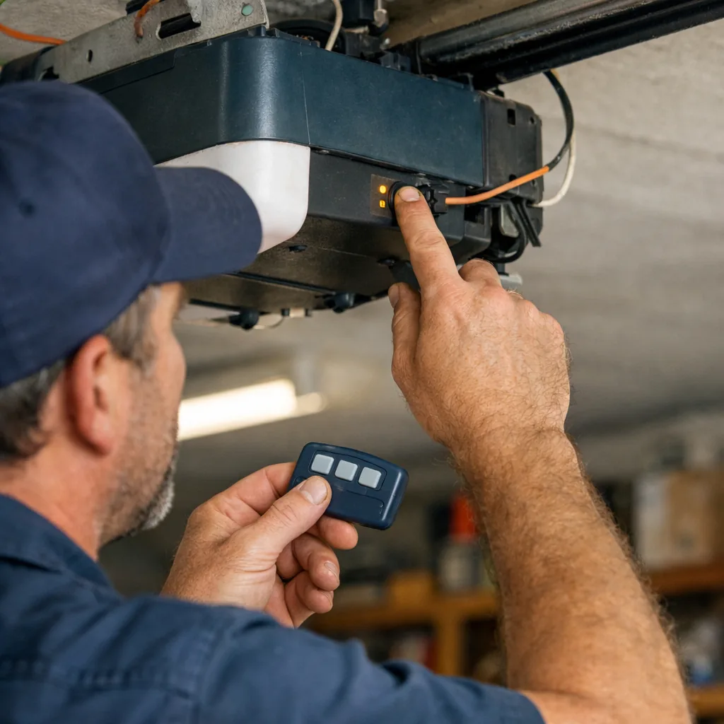 Contractor pressing the learn button on a garage door opener head unit while holding a new remote in the other hand