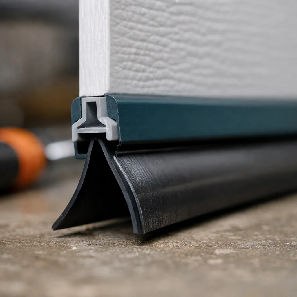 Close-up of a new weatherstripping bottom seal on a garage door panel, clean and well lit