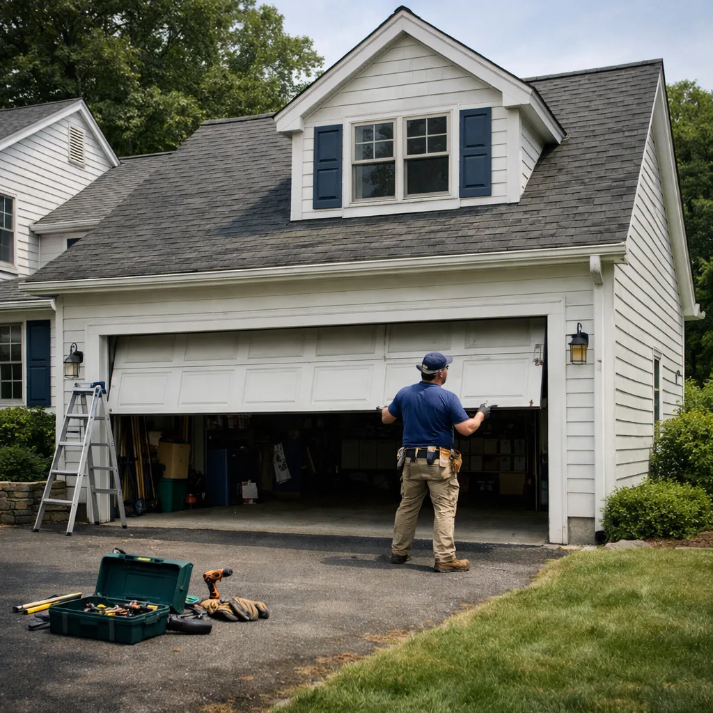 A contractor testing the balance of an attached two-car garage door on a Darien-style Colonial with a bonus room over the garage, wide exterior shot, tidy lawn