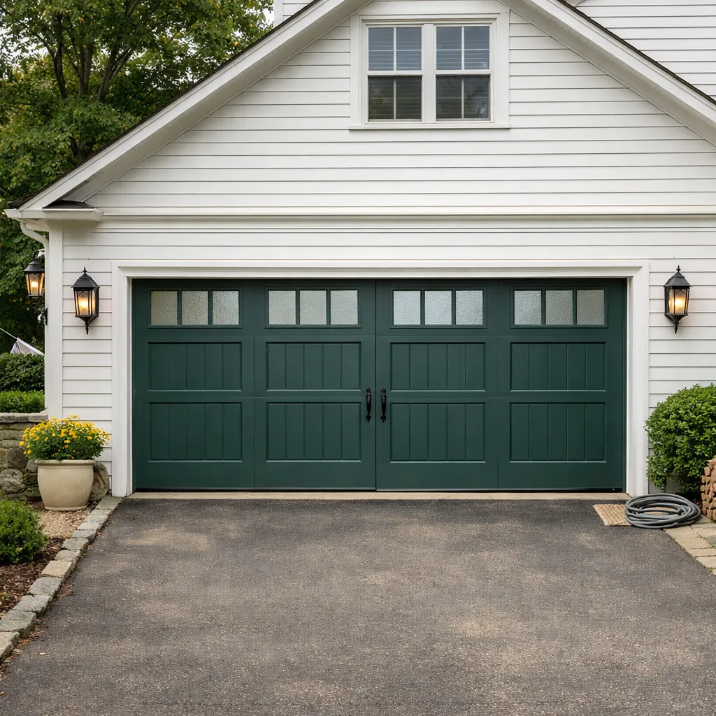 A repaired garage door on a white Colonial house in Connecticut, doors closed, tidy curb appeal, soft daylight
