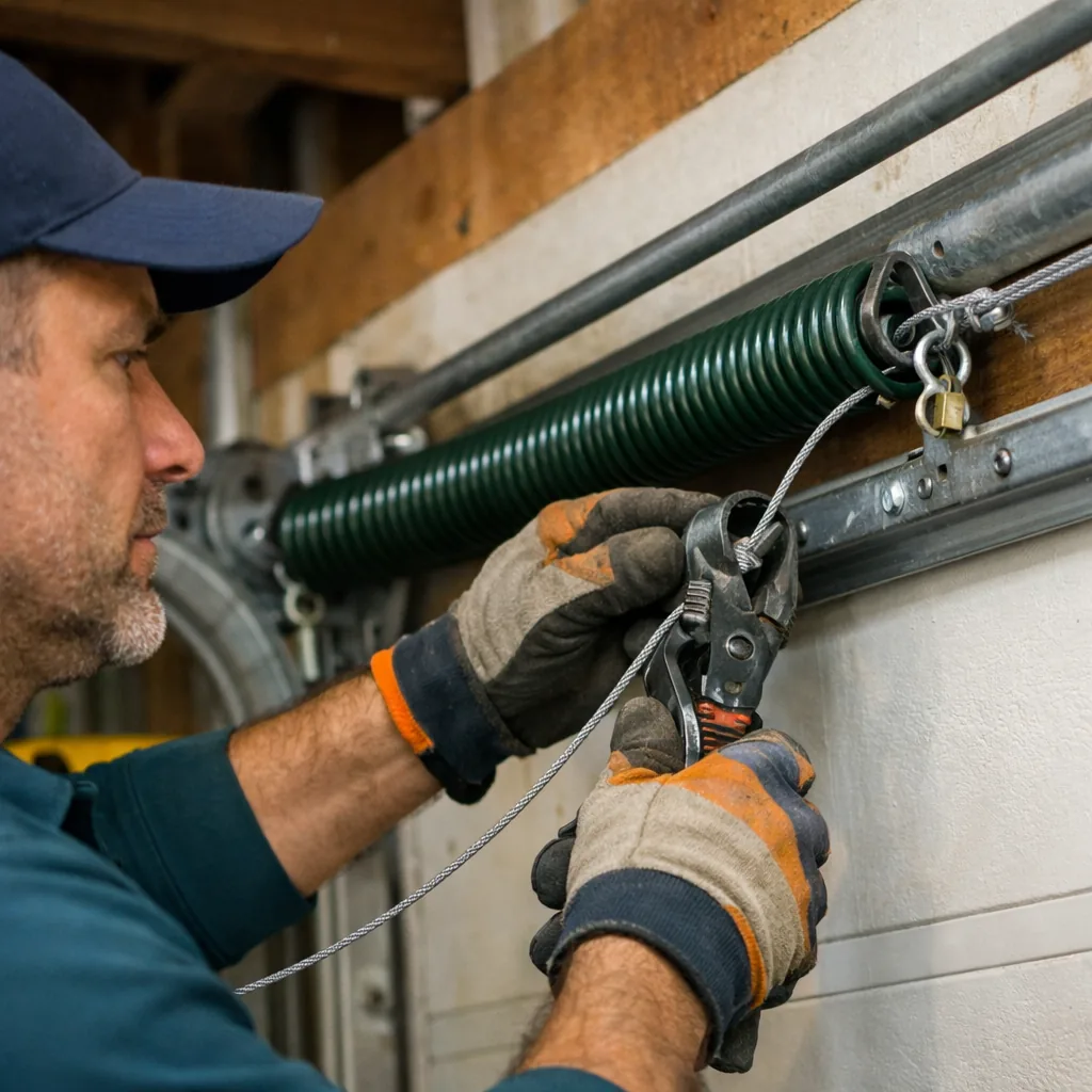 A contractor replacing a pair of extension springs and safety cables on a garage door track, close view
