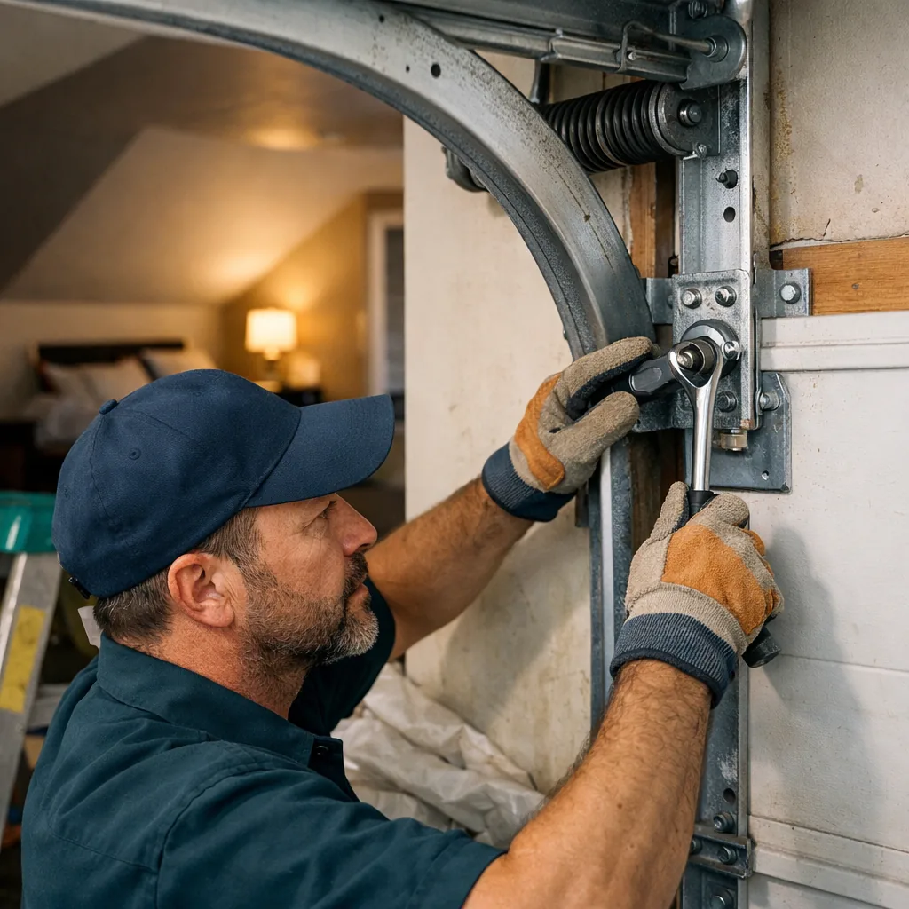 A contractor tightening a track bracket on a garage door attached to a two-story home, side view with the room over the garage visible